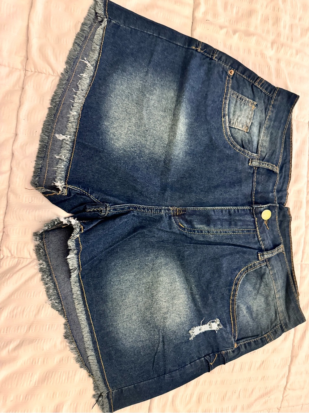 Classic High-Rise Dark Blue Denim Shorts with Frayed Hem